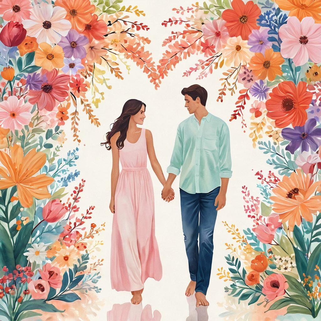 A serene and intimate scene depicting two people holding hands, surrounded by blooming flowers symbolizing love. In the background, soft pastel colors blend to create a warm and inviting atmosphere. Visual elements like hearts or gentle swirls can enhance the feeling of connection. The focus should be on expressions of joy and passion between the couple. super-realistic. vibrant colors. soft background.