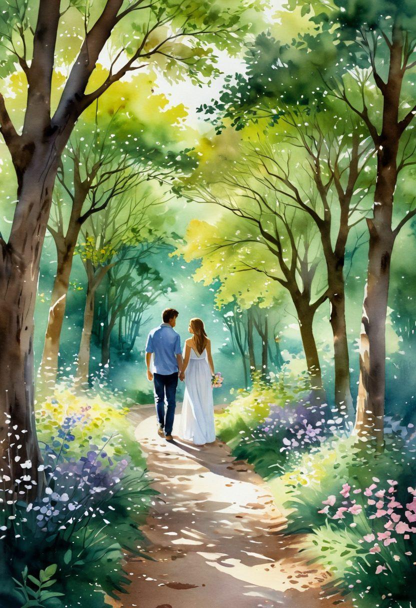 A serene path winding through a lush forest, symbolizing the journey of romance and intimacy, with soft glowing hearts along the trail. In the foreground, a couple sharing a tender moment under a canopy of blooming flowers, expressing connection and devotion. The atmosphere feels warm and inviting, filled with floating petals and gentle sunlight filtering through the trees. watercolor style. vibrant colors.