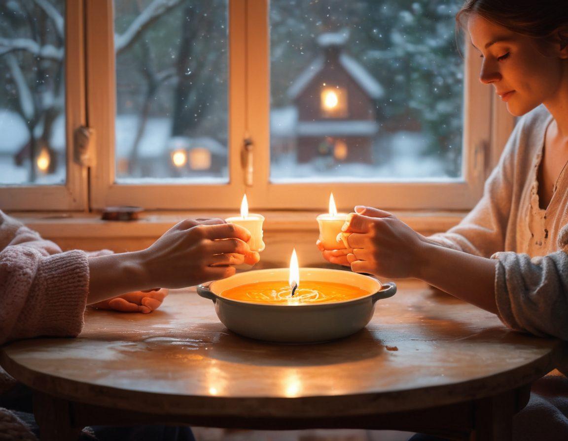 A heartwarming scene of two people sharing a cozy moment together, surrounded by elements symbolizing love and connection such as intertwined hands, glowing candles, and a bubbling pot of soup on a table. Soft pastel colors to evoke warmth and intimacy, with gentle light filtering through a window, reflecting the beauty of passionate relationships. painting. warm tones. soft focus.